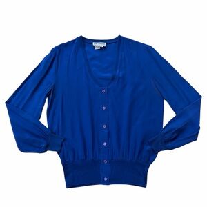 NI-Per Vintage Blue Silk V Neck Button Down Blouse